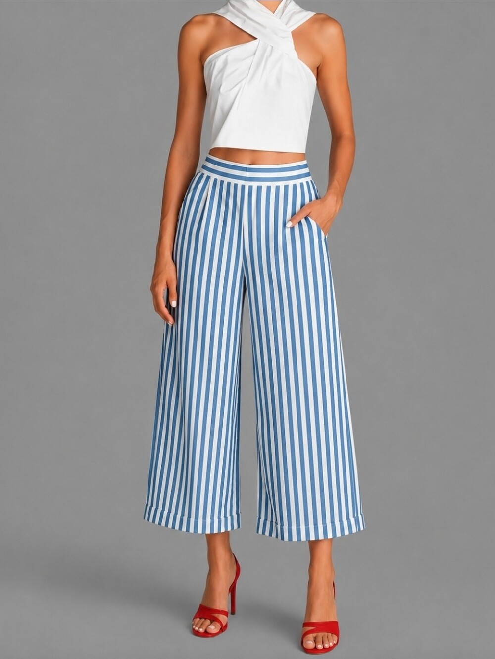 H&M Blue and White Striped Wide Leg Pants Size 12 NEW